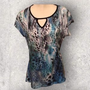 Bleu tunic blouse, aqua with black trim. Sz L